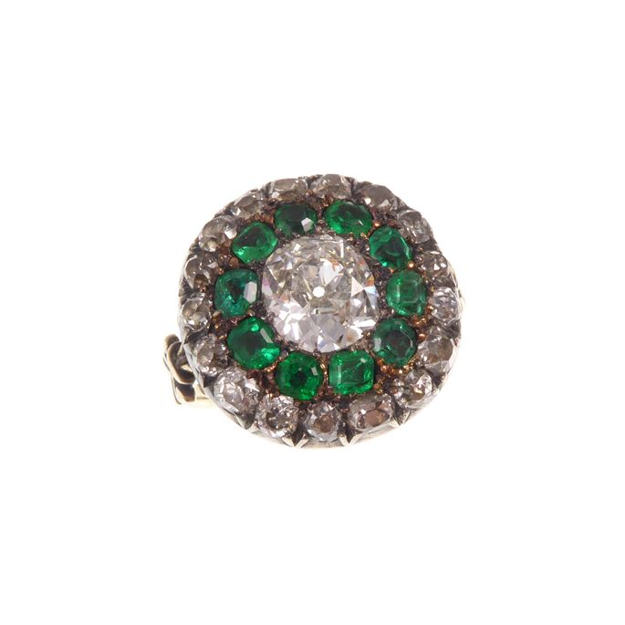 Antique cushion diamond and emerald target cluster ring | MasterArt